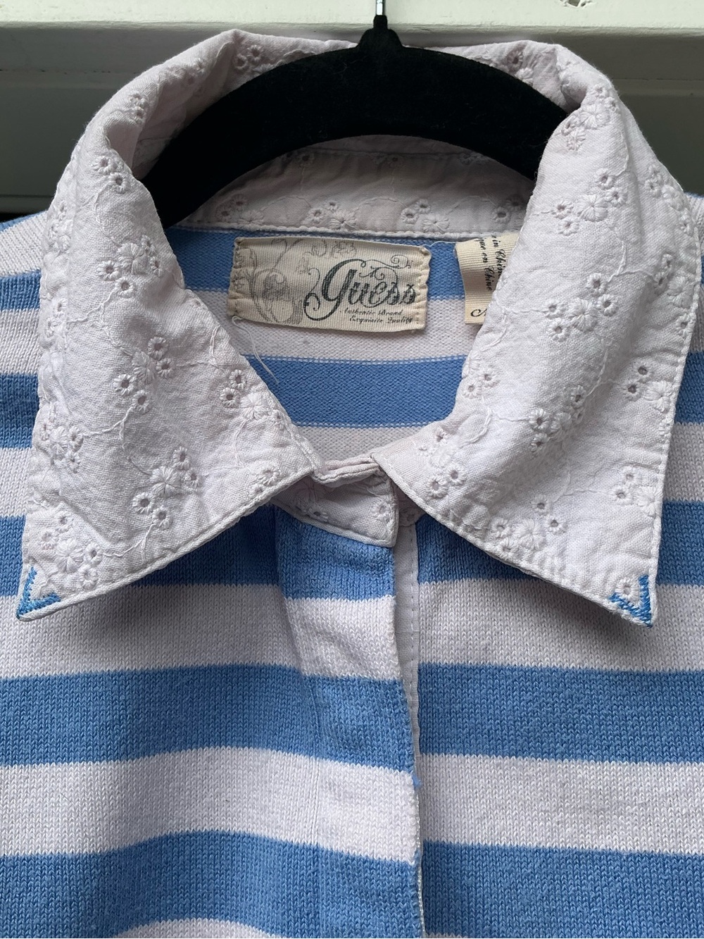 GUESS Vintage Y2K Striped Eyelet Polo Knit Top Blue White Size M